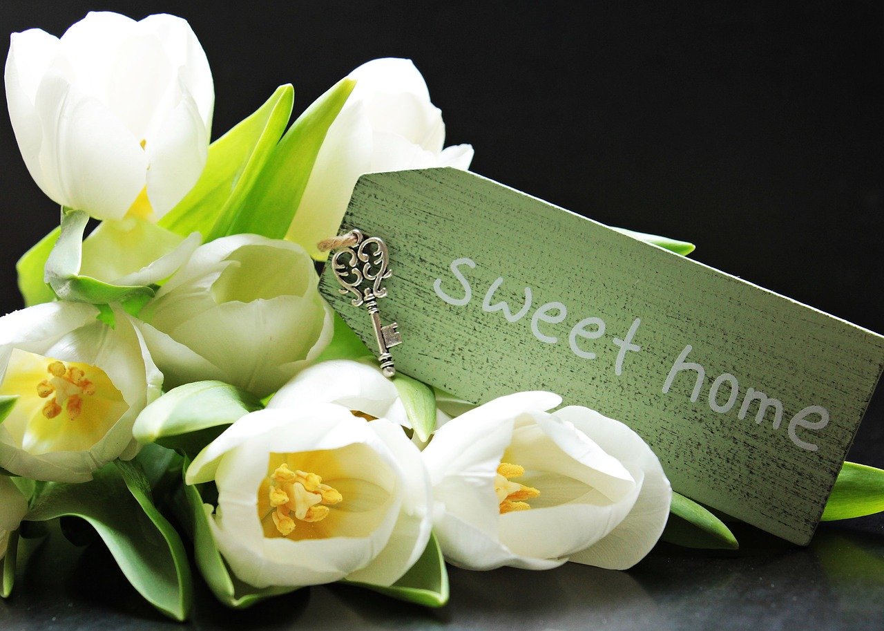 sweet home with keys and white tulips